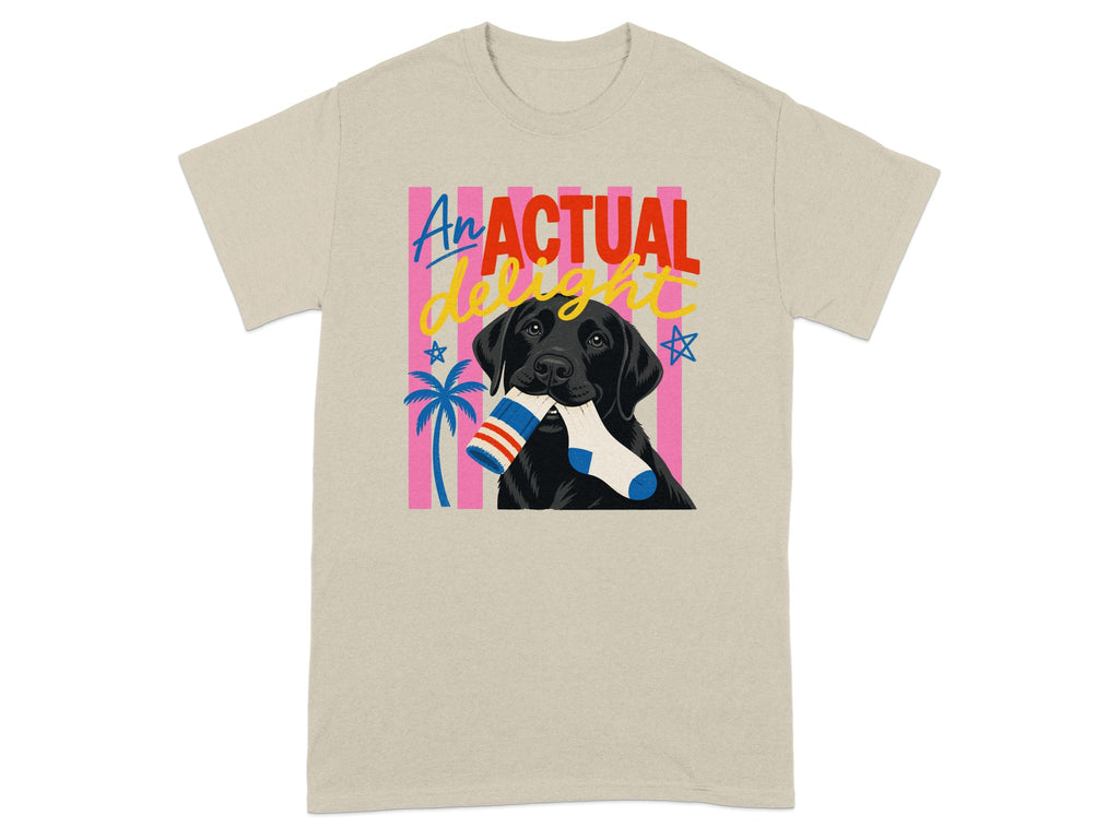 Black lab wearing a sock in mouth, with colorful text "An ACTUAL delig"