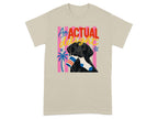 Black lab wearing a sock in mouth, with colorful text "An ACTUAL delig"