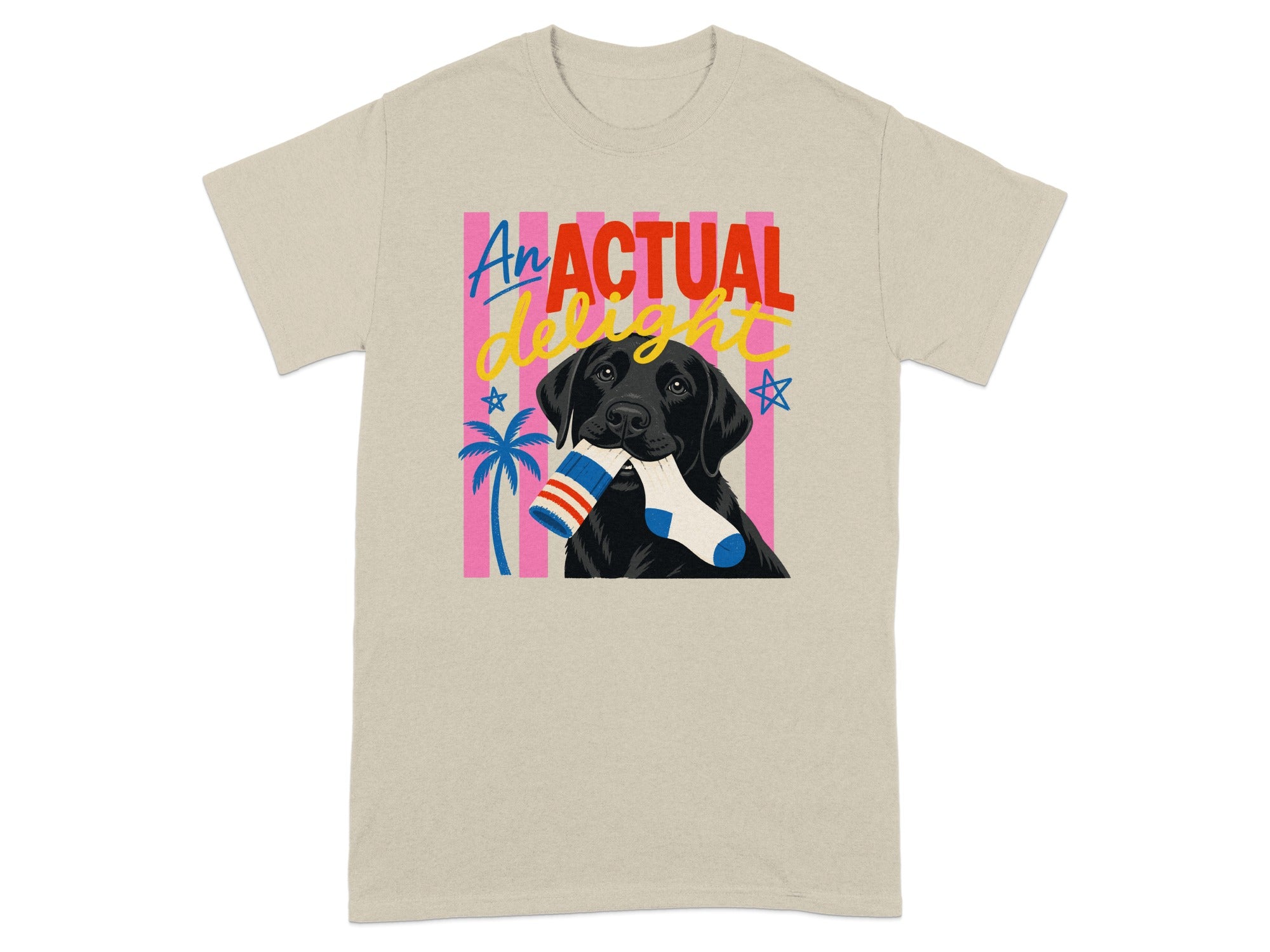 Black lab wearing a sock in mouth, with colorful text "An ACTUAL delig"