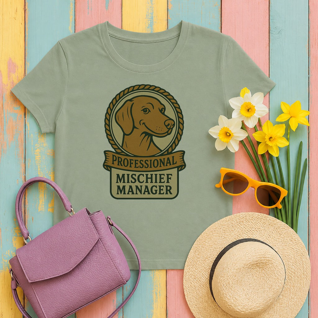 vizsla professional mischief manager tee flat lay hero