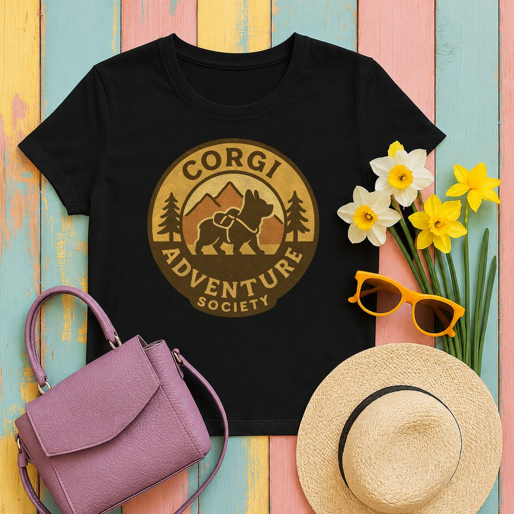 Outdoorsy Corgi Adventure Society T-Shirt in Black