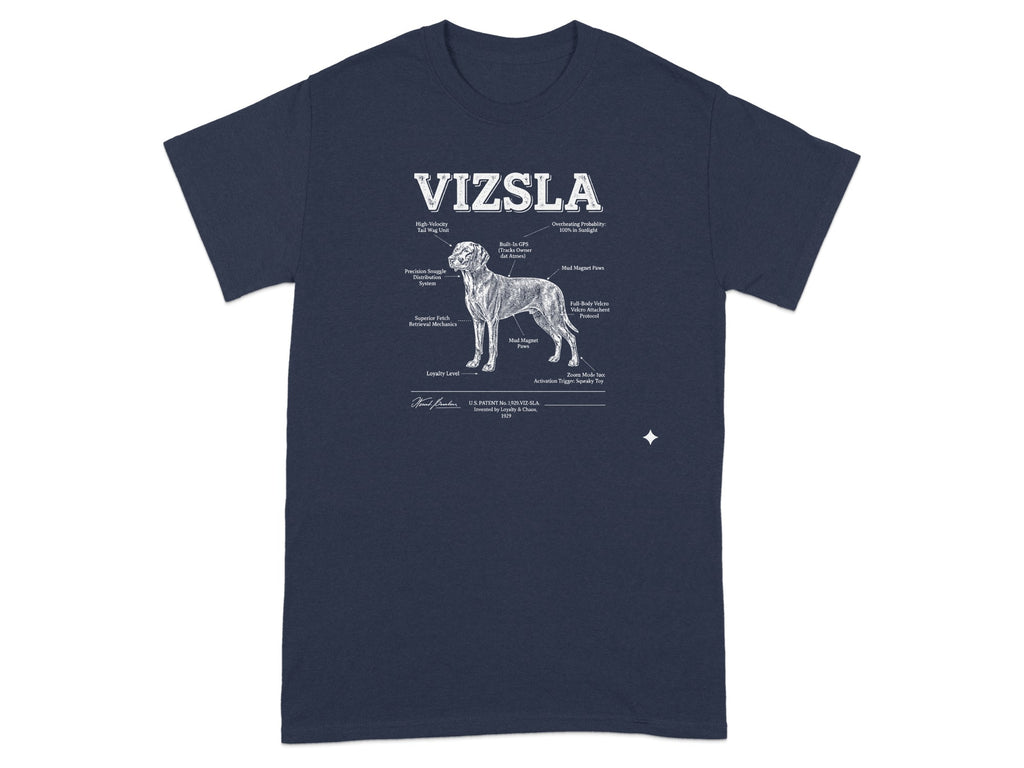 Vizsla diagram with humorous labels for breed characteristics.