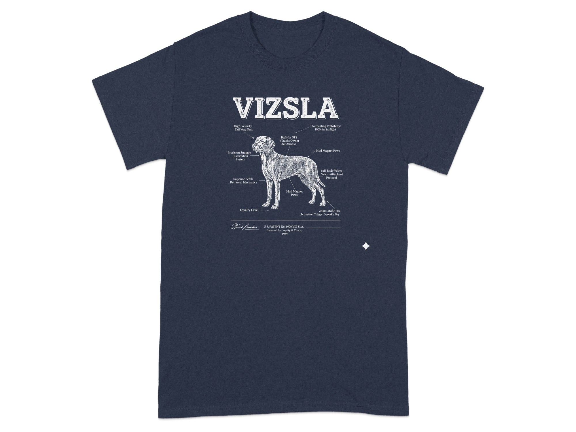 Vizsla diagram with humorous labels for breed characteristics.