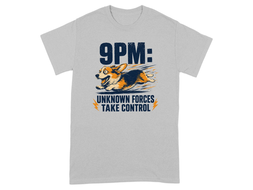 Corgi running with text "9PM: UNKNOWN FORCES TAKE CONTROL".