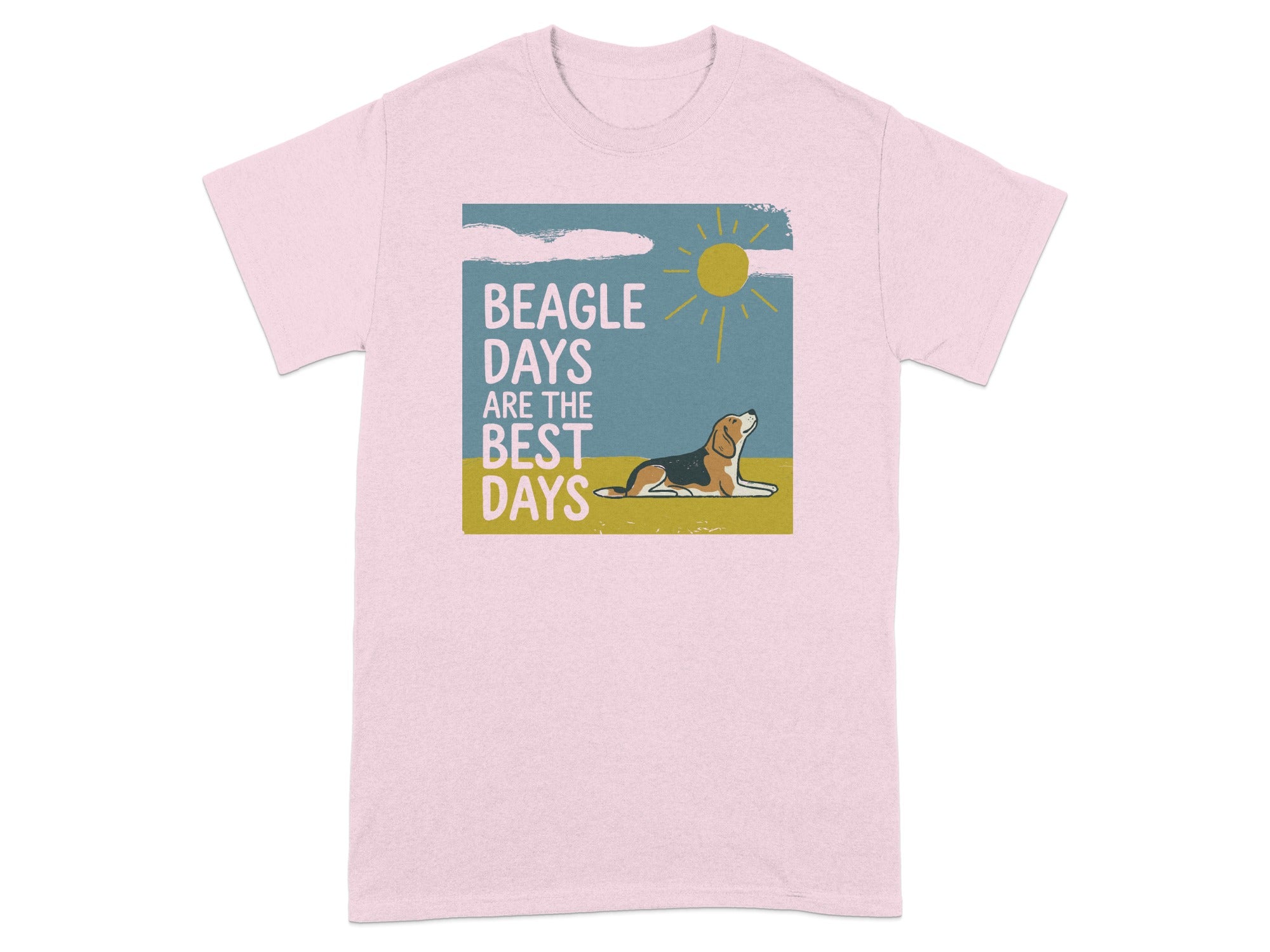 Pink t-shirt with beagle, sun, and text: BEAGLE DAYS ARE THE BEST DAYS.