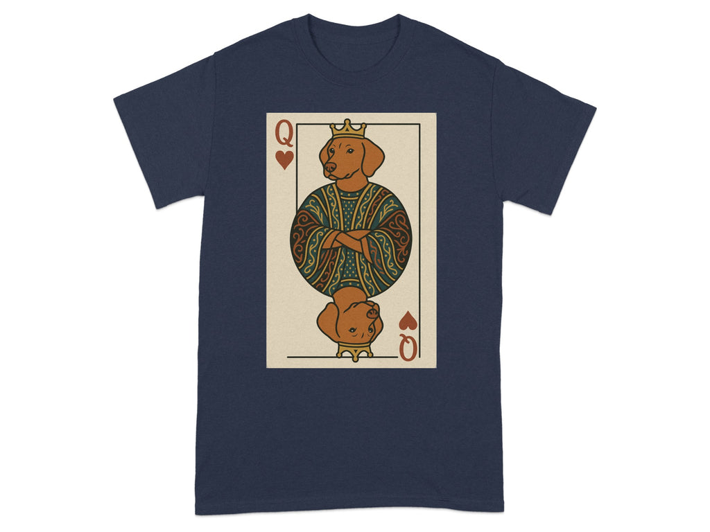 Queen of Hearts playing card with a dog wearing a crown and ornate robe.