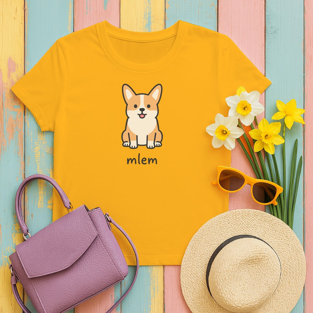 Cute Cartoon Corgi Mlem Funny Dog T-Shirt in Gold