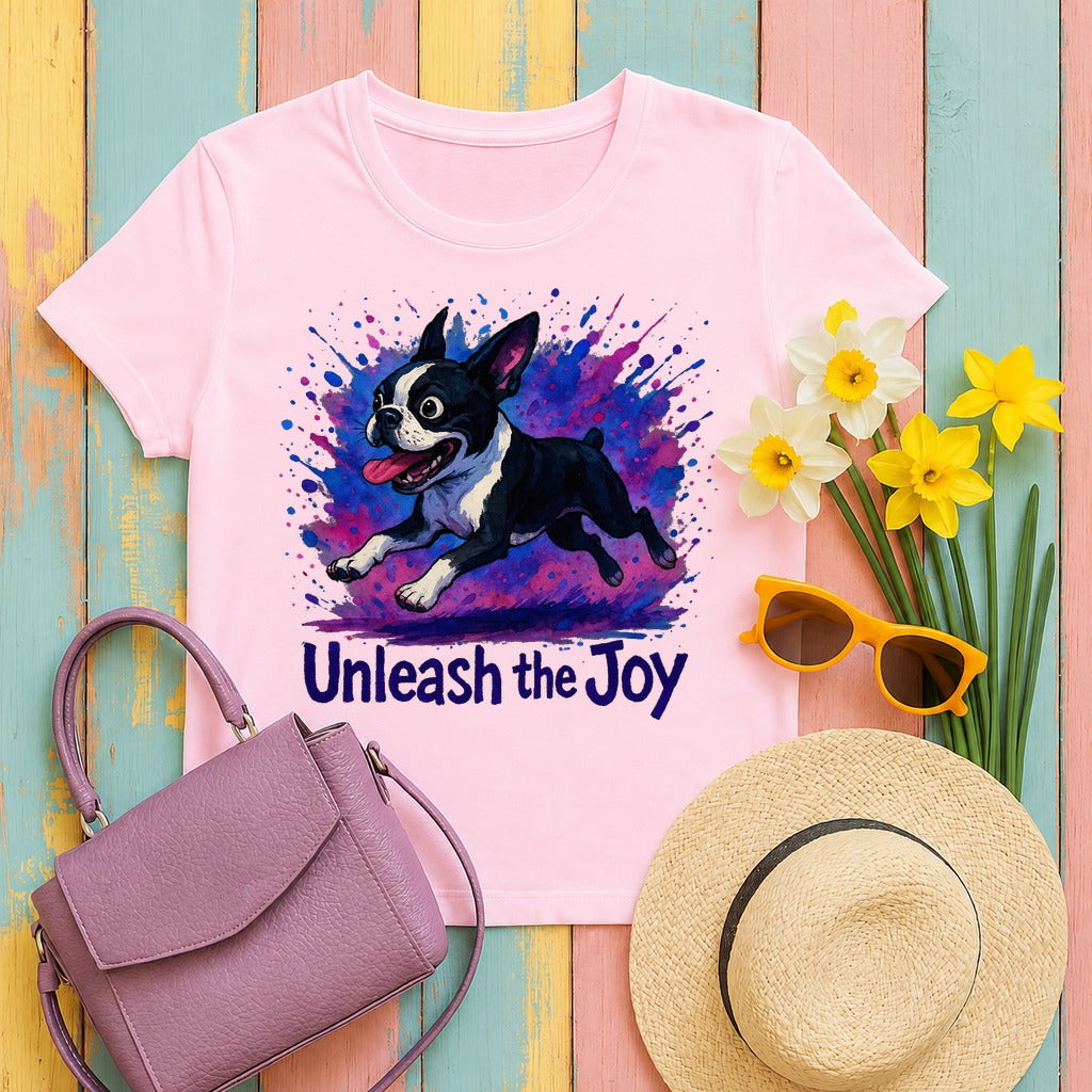 Unleash the Joy Boston Terrier Splash T-Shirt in Light Pink
