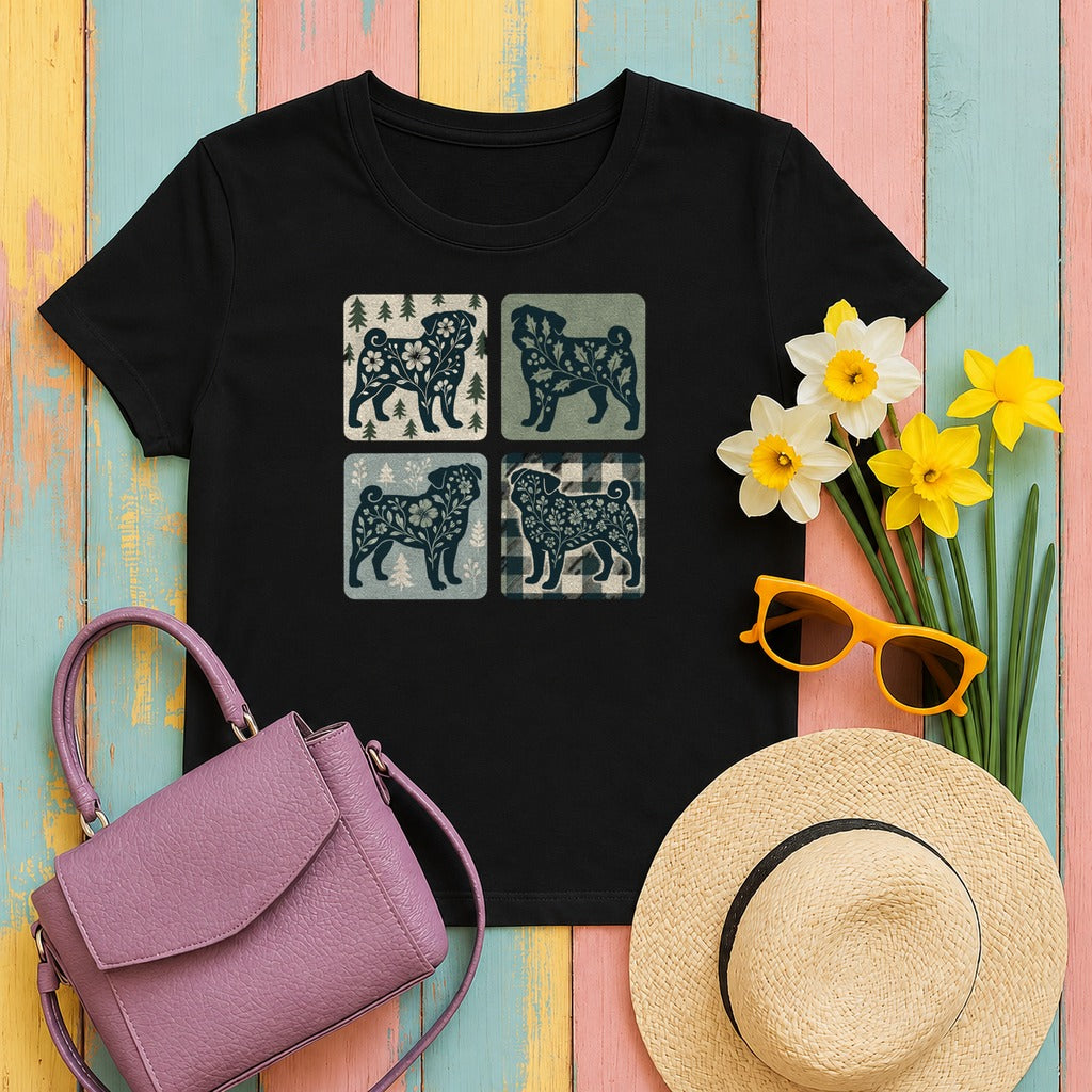 Winter Pug Design T-Shirt in Black