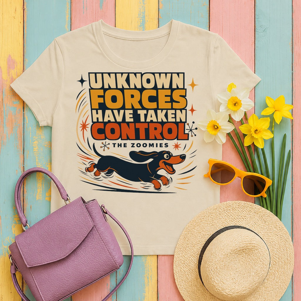 migbackfill unknown-forces-the-zoomies-dachshund-t-shirt tee flat lay hero v8