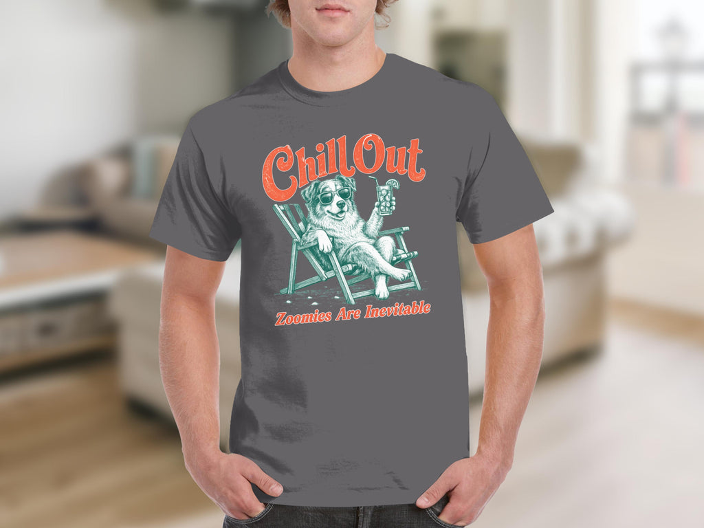 Gray t-shirt with graphic of a dog lounging with sunglasses and drink.