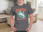 Gray t-shirt with graphic of a dog lounging with sunglasses and drink.