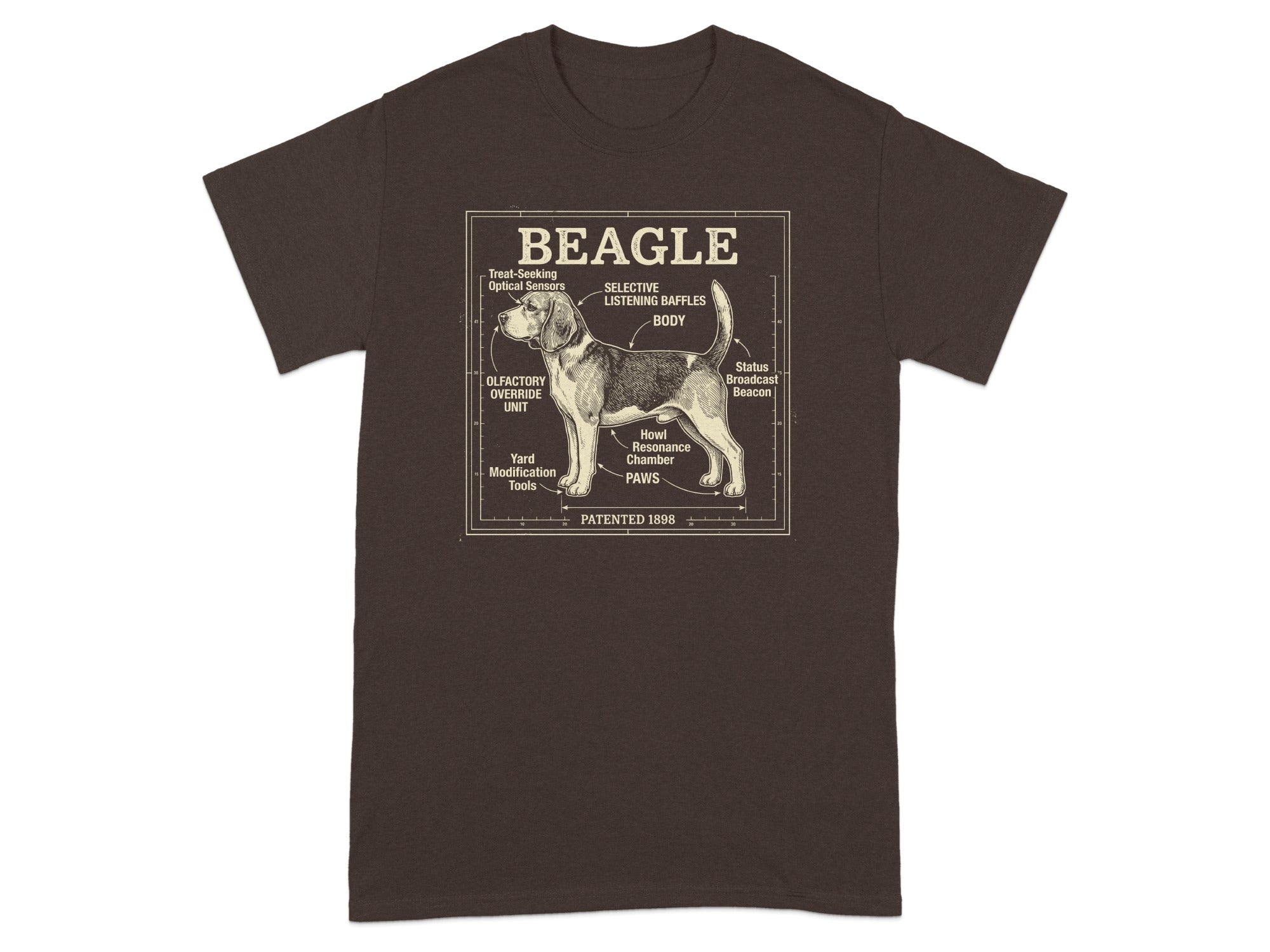 Diagram of a beagle with humorous labels for dog features.