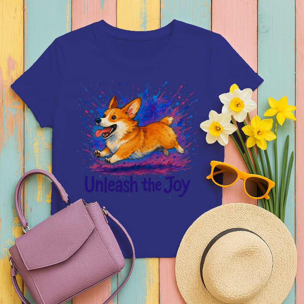 Unleash the Joy Playful Corgi Illustration T-Shirts in Cobalt