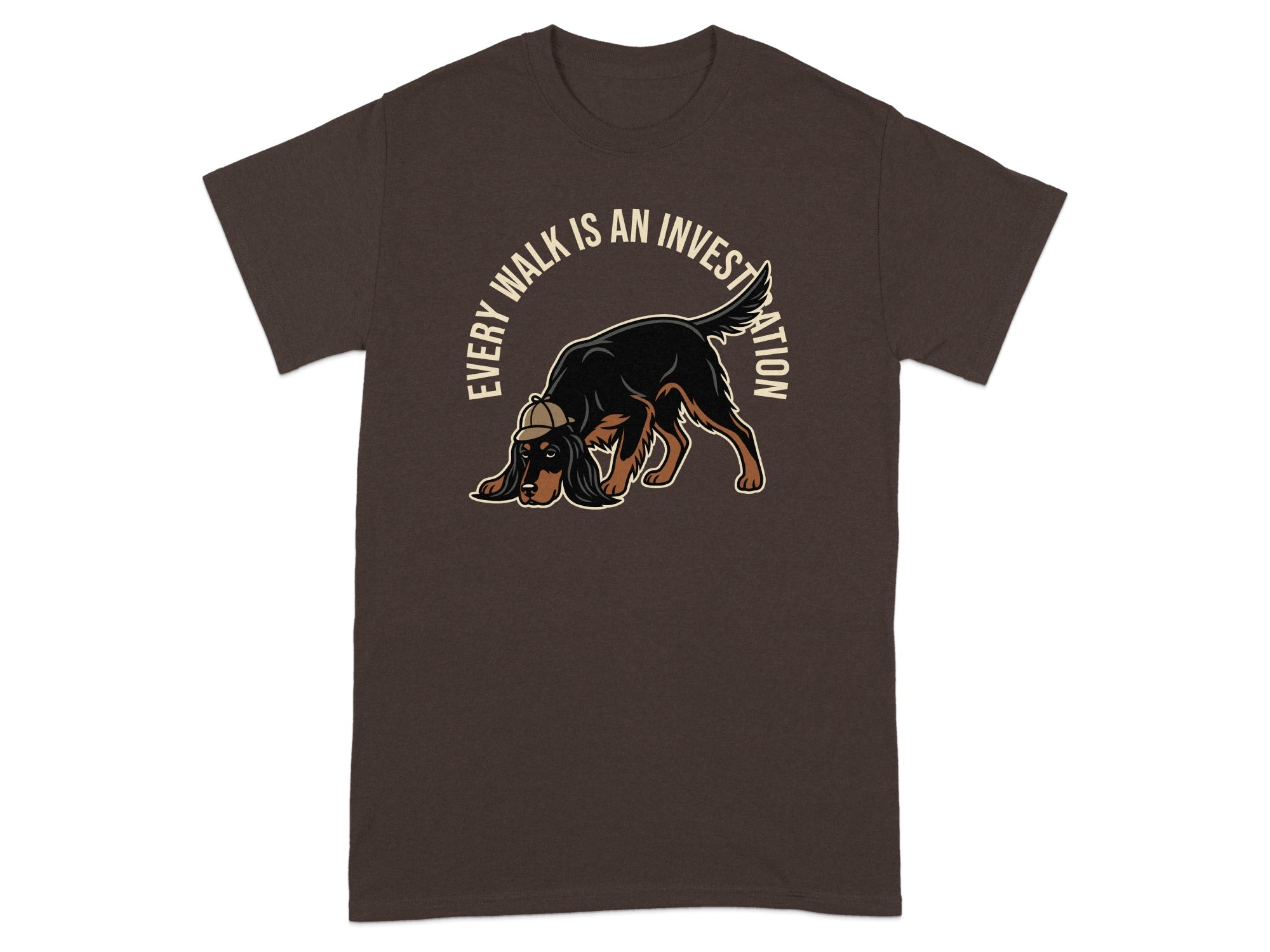 Brown t-shirt with a dog illustration and text "Every walk is an investigation."