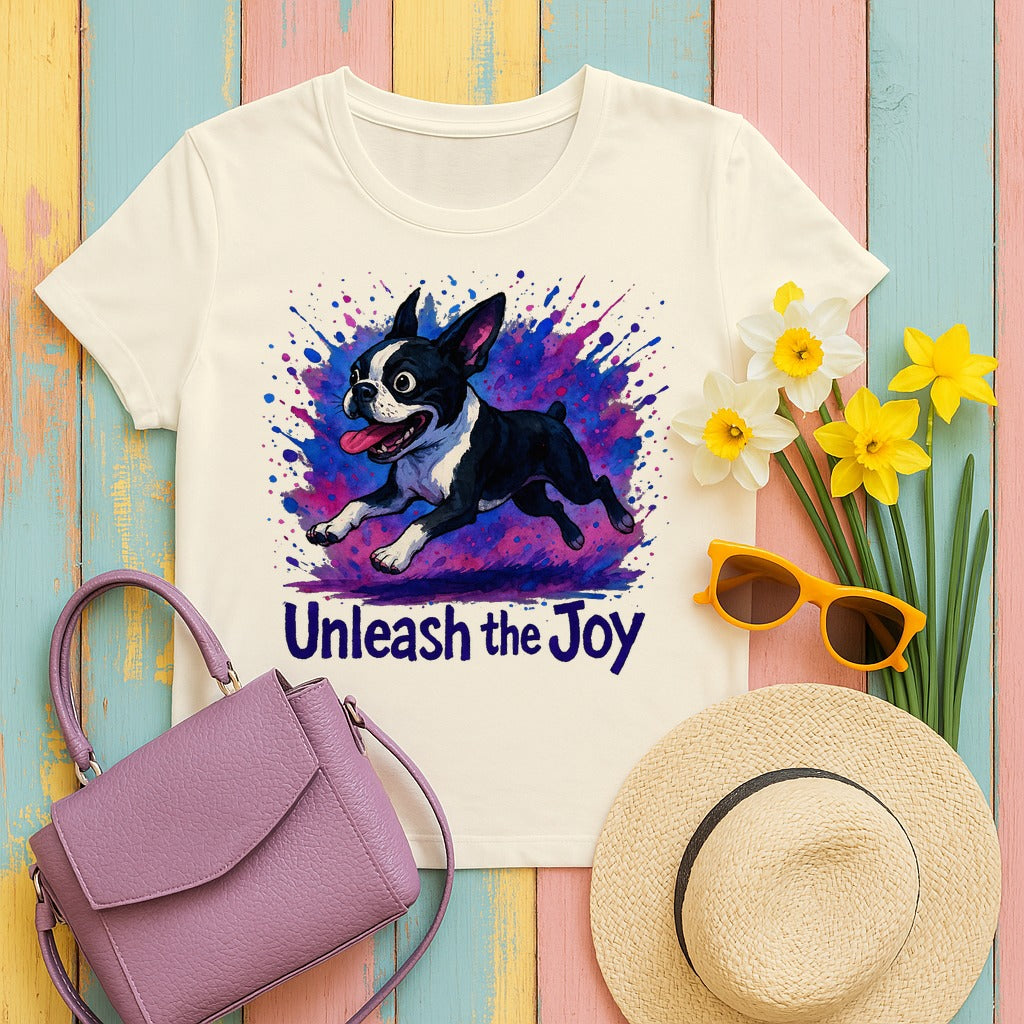 Unleash the Joy Boston Terrier Splash T-Shirt in Natural