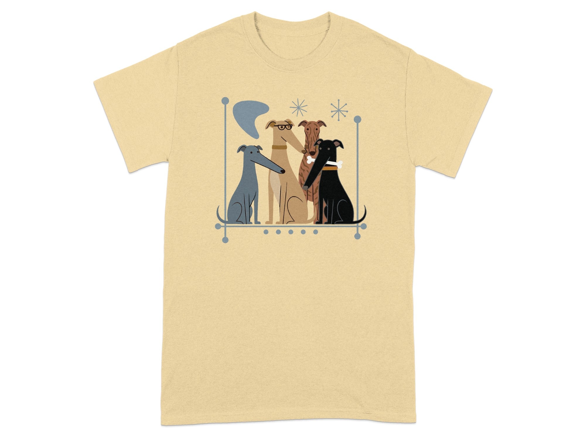 Four cartoon dogs with different patterns on a tan t-shirt.