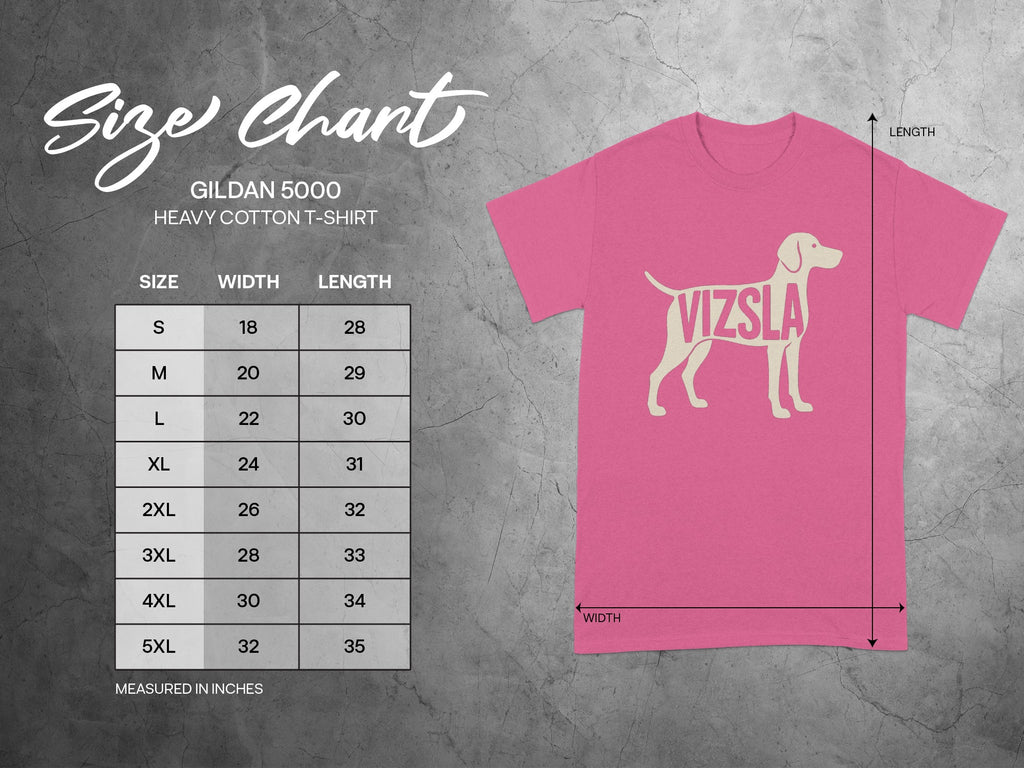 Gildan 5000 size chart with Vizsla graphic for heavy cotton t-shirt.