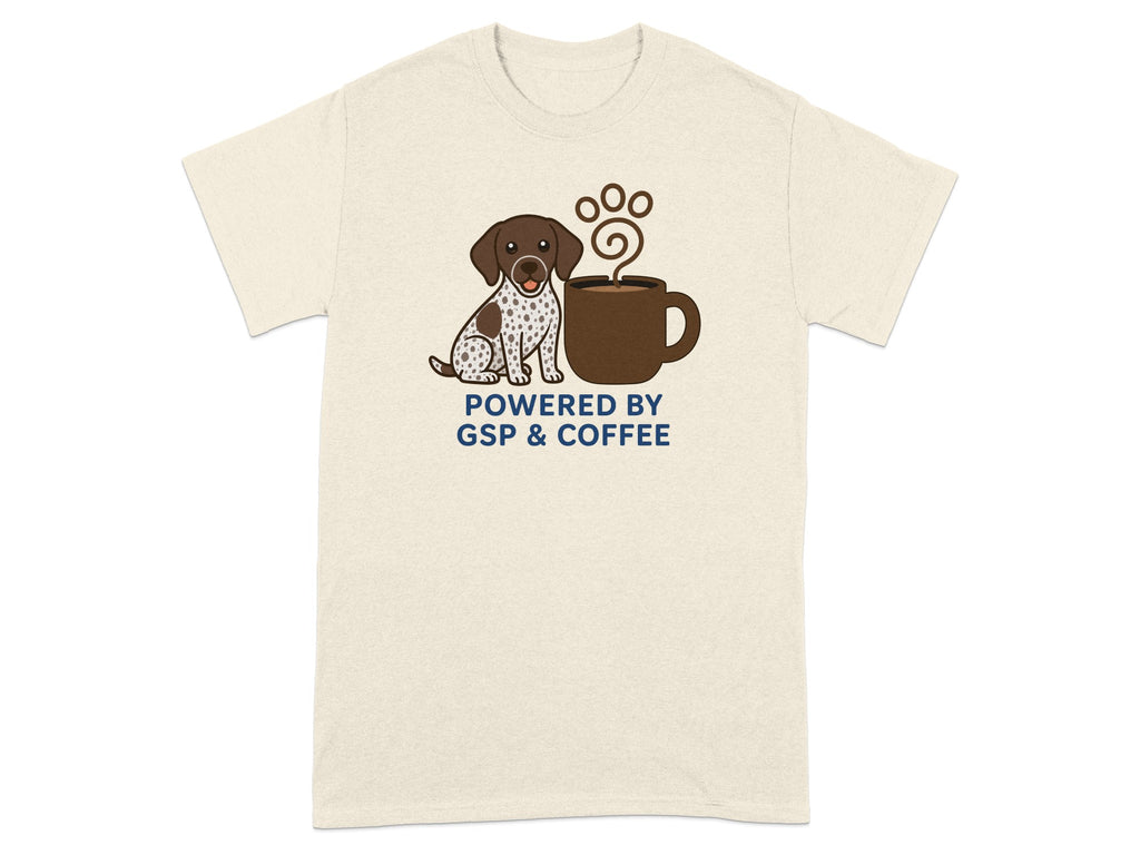 T-shirt with dog and coffee cup graphic, reads "Powered by GSP & COFFEE".