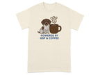 T-shirt with dog and coffee cup graphic, reads "Powered by GSP & COFFEE".