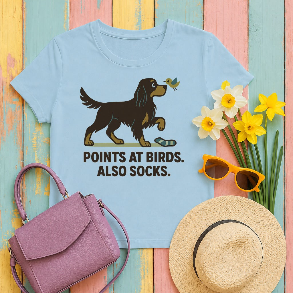 gordon setter points-at-socks tee flat lay hero