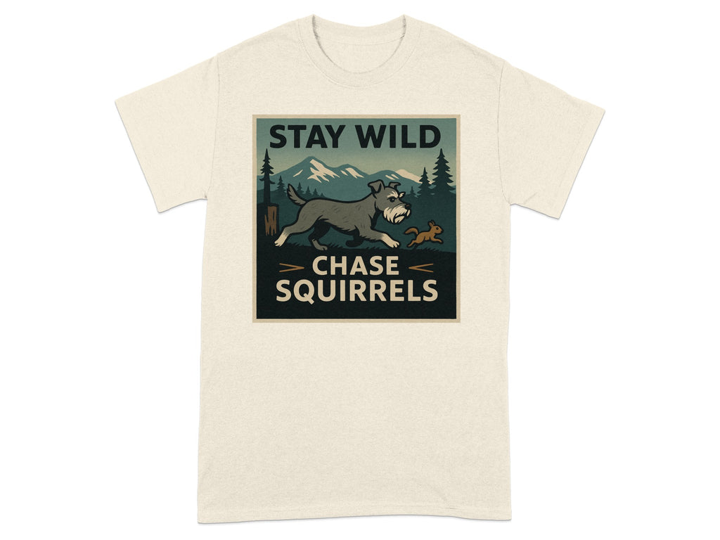 Cream t-shirt with "Stay Wild Chase Squirrels" graphic featuring a dog and squirrel.