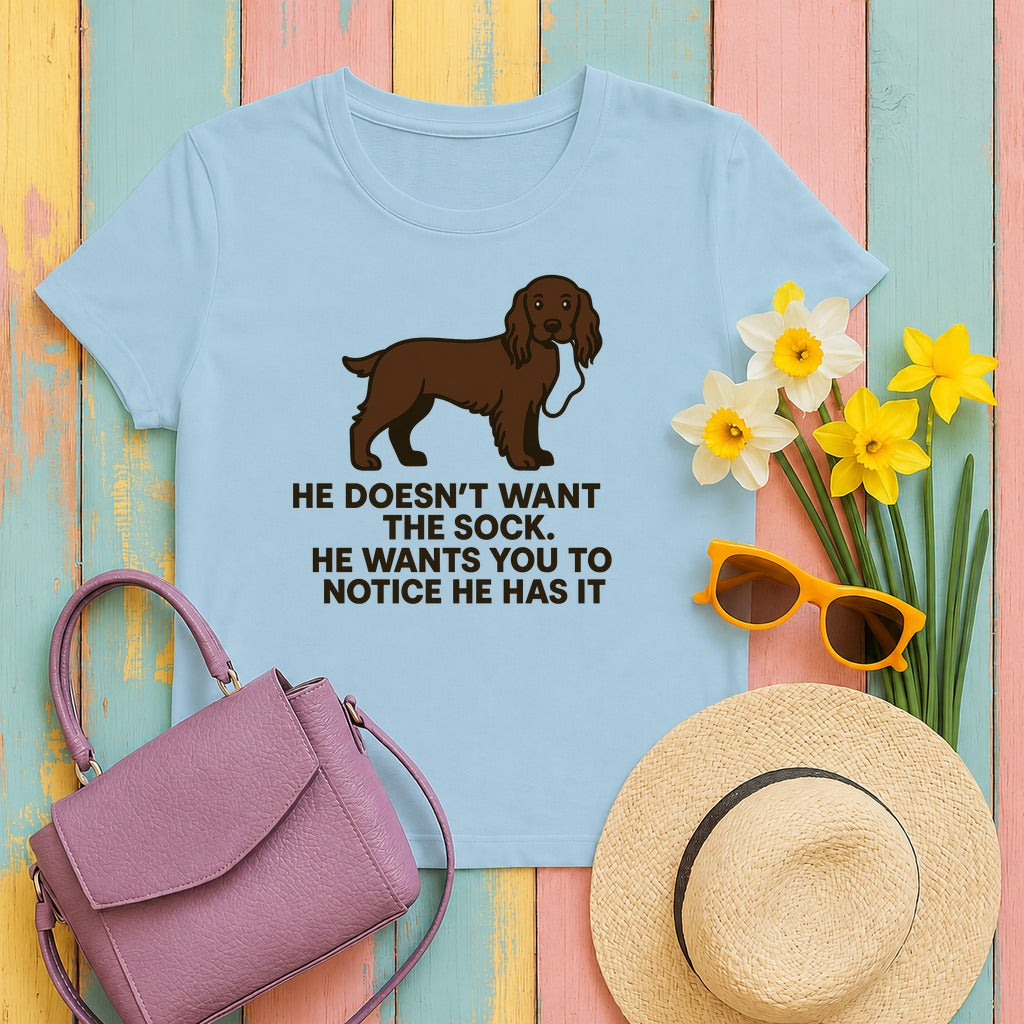 Field Spaniel He Doesn't Want The Sock Tee in Light Blue