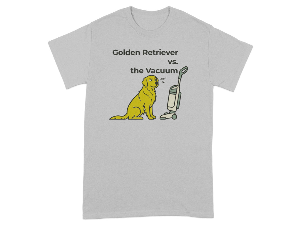 Golden Retriever sits warily next to a vacuum cleaner with "Golden Retriever vs. the Vacuum" text.