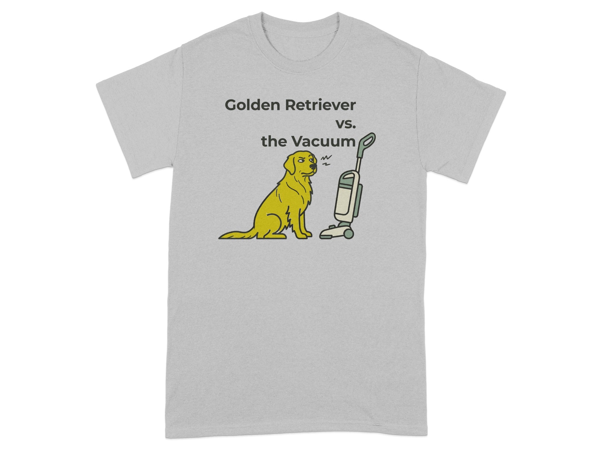 Golden Retriever sits warily next to a vacuum cleaner with "Golden Retriever vs. the Vacuum" text.