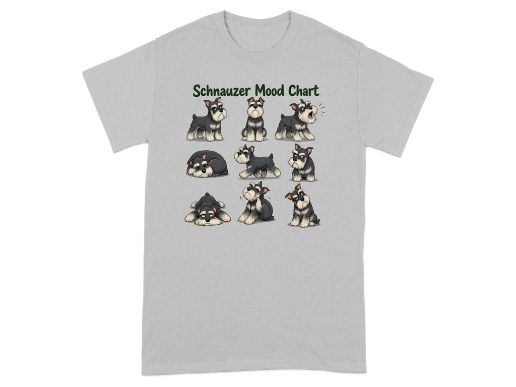 T-shirt with "Schnauzer Mood Chart" text and nine illustrations of schnauzers.