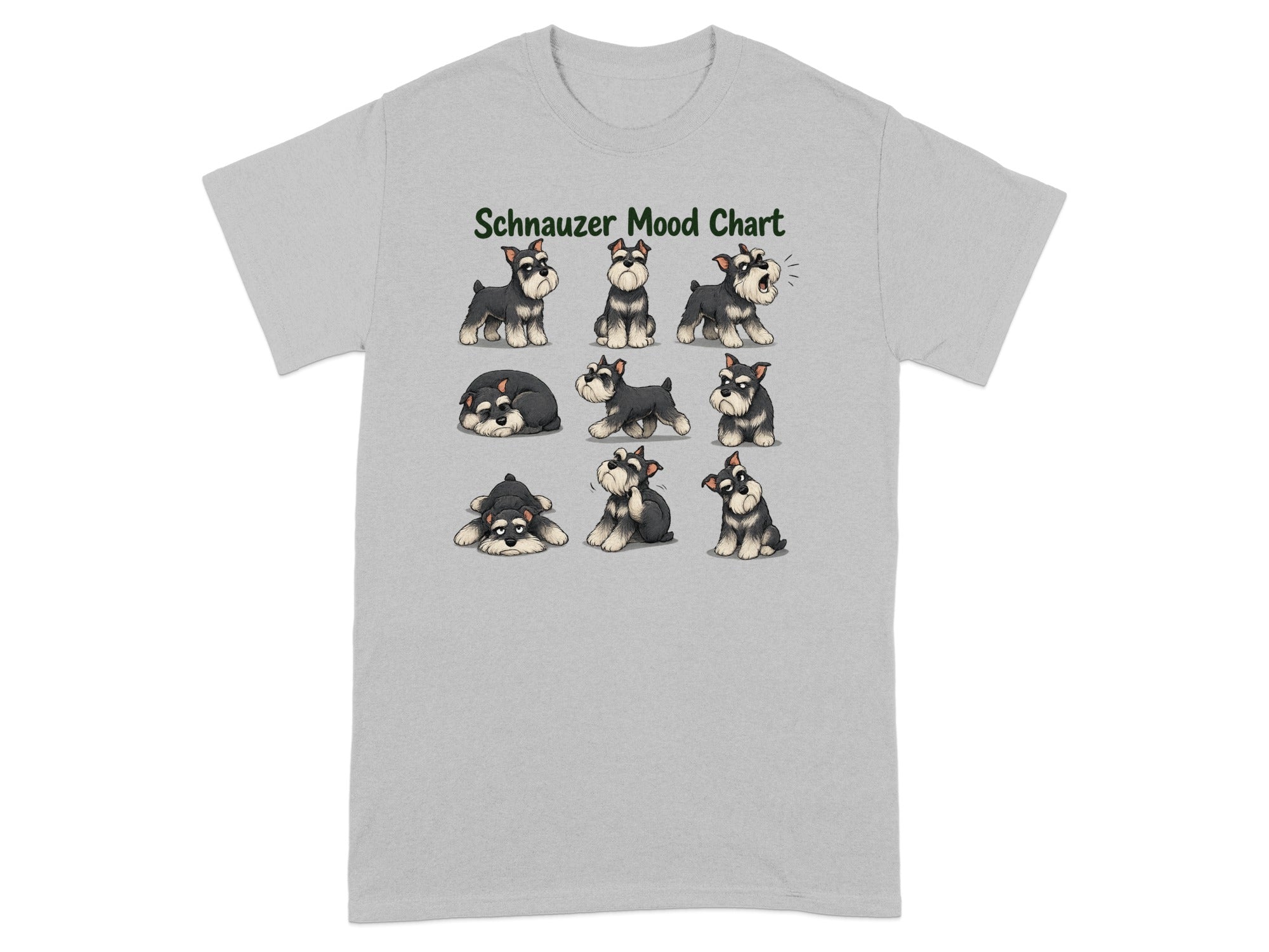 T-shirt with "Schnauzer Mood Chart" text and nine illustrations of schnauzers.