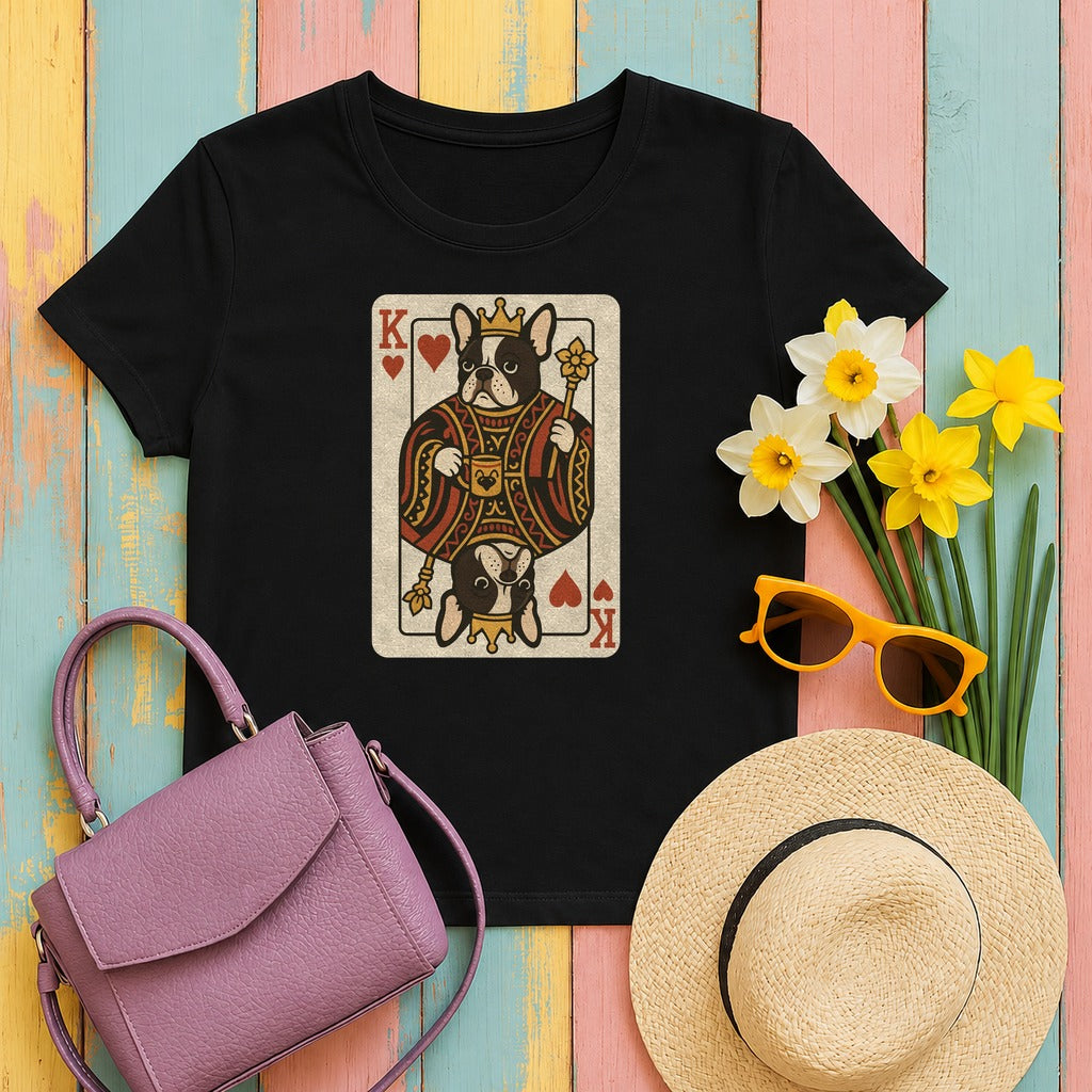 King Of Hearts French Bulldog Playing Card Funny Unique Design T-Shirt in Black