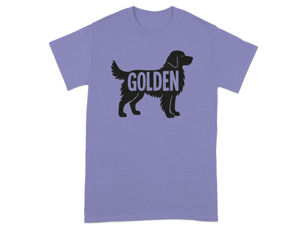 Black silhouette of golden retriever dog with "GOLDEN" text on purple t-shirt