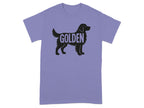 Black silhouette of golden retriever dog with "GOLDEN" text on purple t-shirt