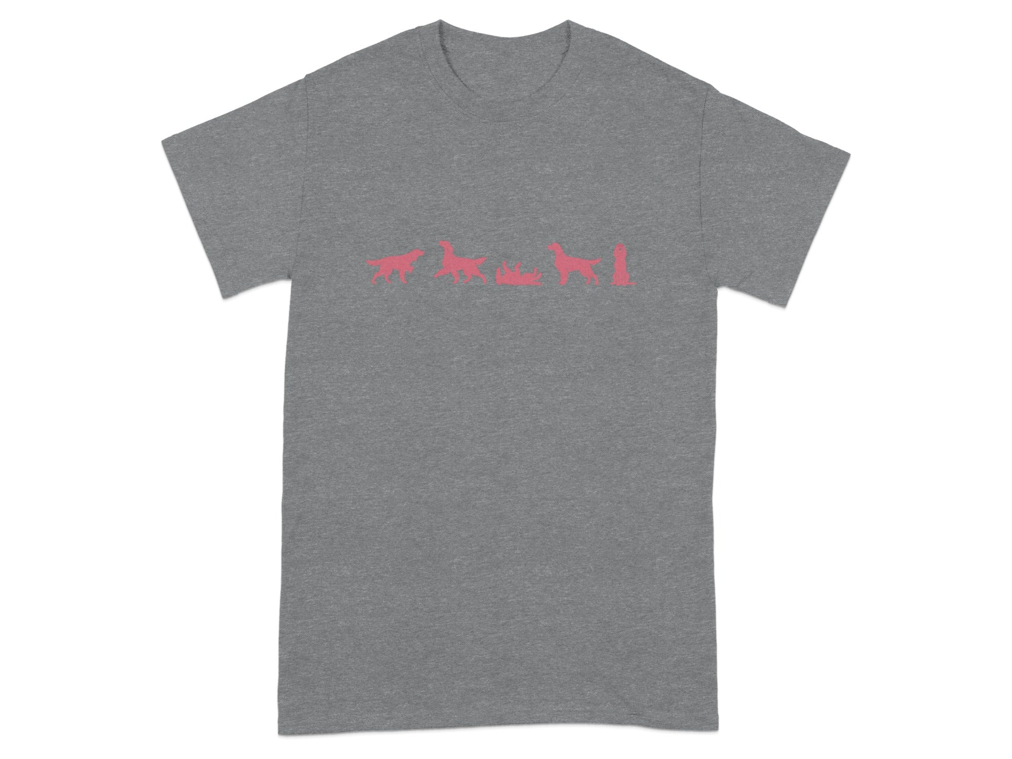 Grey t-shirt with pink dog silhouettes in various poses.