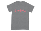 Grey t-shirt with a line of five pink dog silhouettes in various poses.
