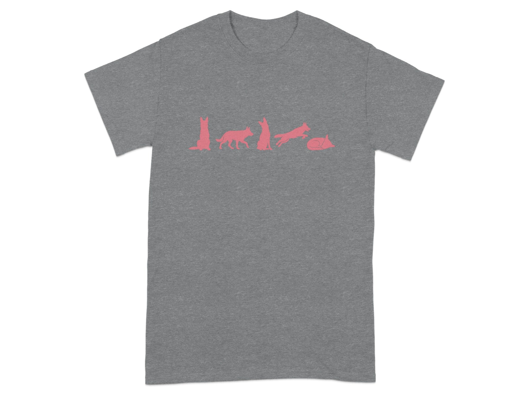 Grey t-shirt with a line of five pink dog silhouettes in various poses.