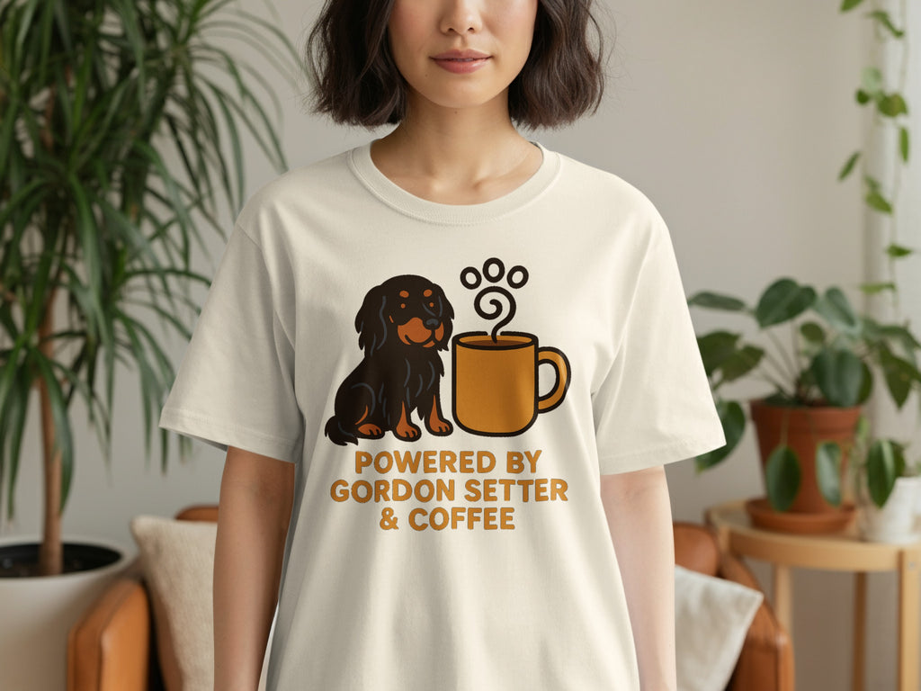 Cream t-shirt with Gordon Setter dog and coffee mug graphic saying "Powered by Gordon Setter & Coffee".