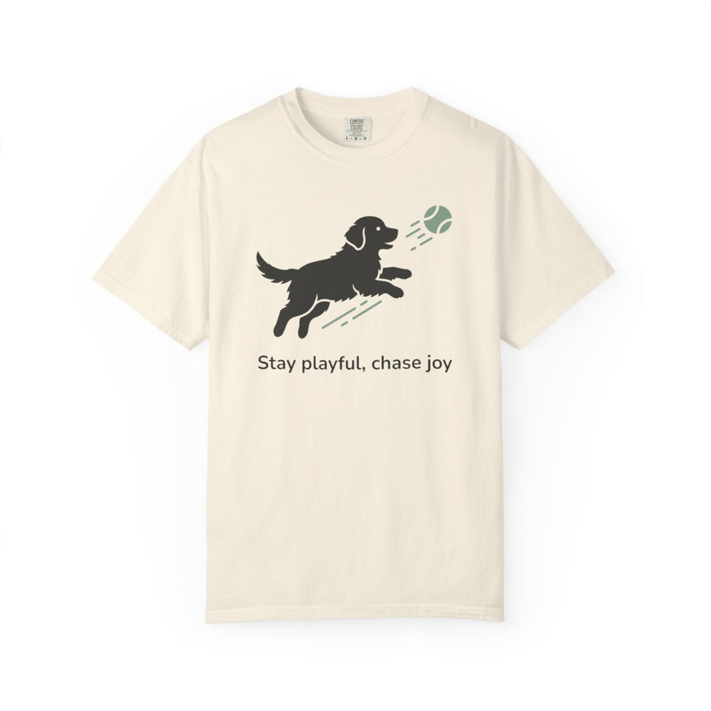 Stay playful chase joy dog and ball graphic T-shirt