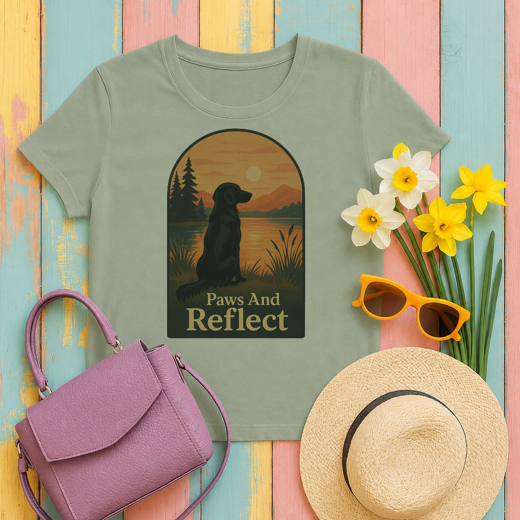 flat-coated retriever painterly-sunset-arch tee flat lay hero