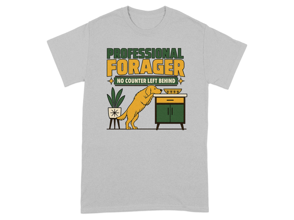 T-shirt with "PROFESSIONAL FORAGER NO COUNTER LEFT" text and a dog near a counter.