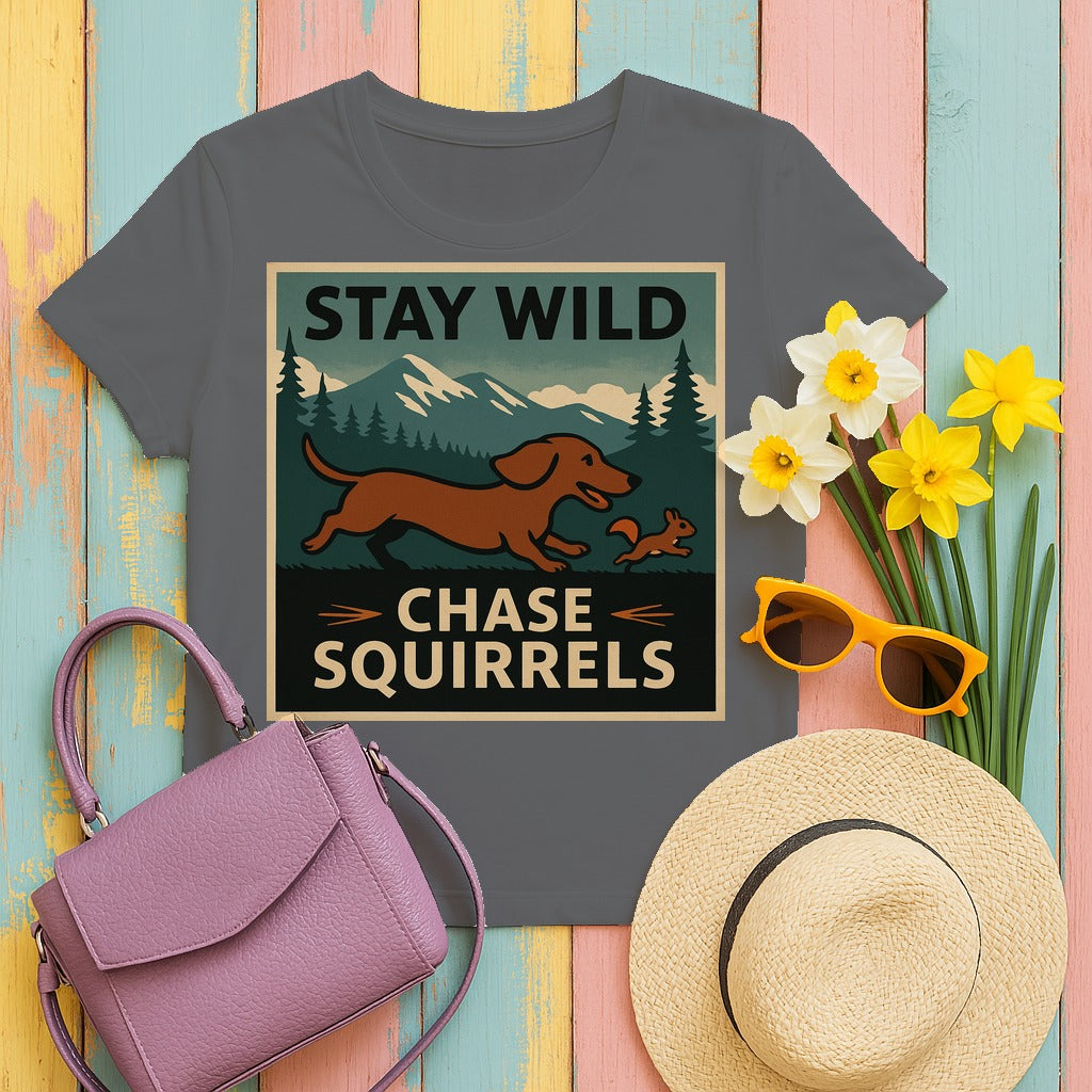 Stay Wild Dachshund Chase T-Shirt in Graphite Heather