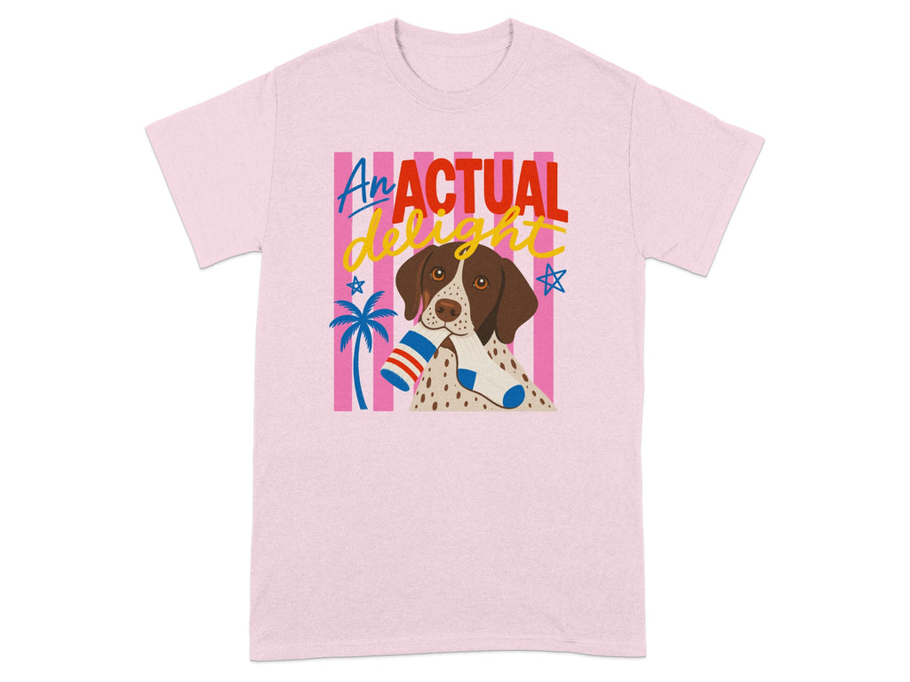 Pink t-shirt with dog holding a striped sock and "An ACTUAL delight" text.