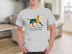 White t-shirt with abstract dog graphic and "feral little creature, perfectly formed" text.