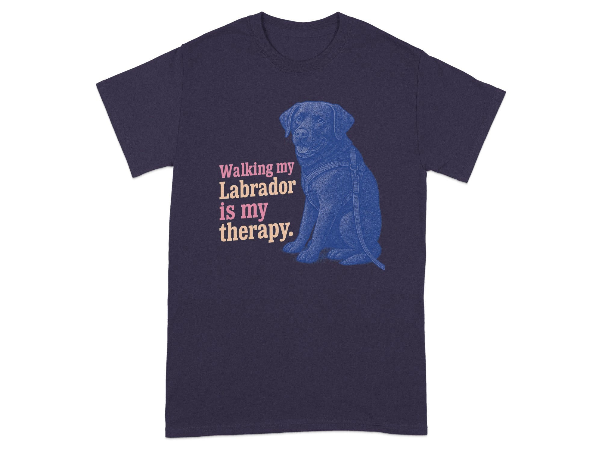 Dark blue t-shirt with a sitting blue lab and the text "Walking my Labrador is my therapy."