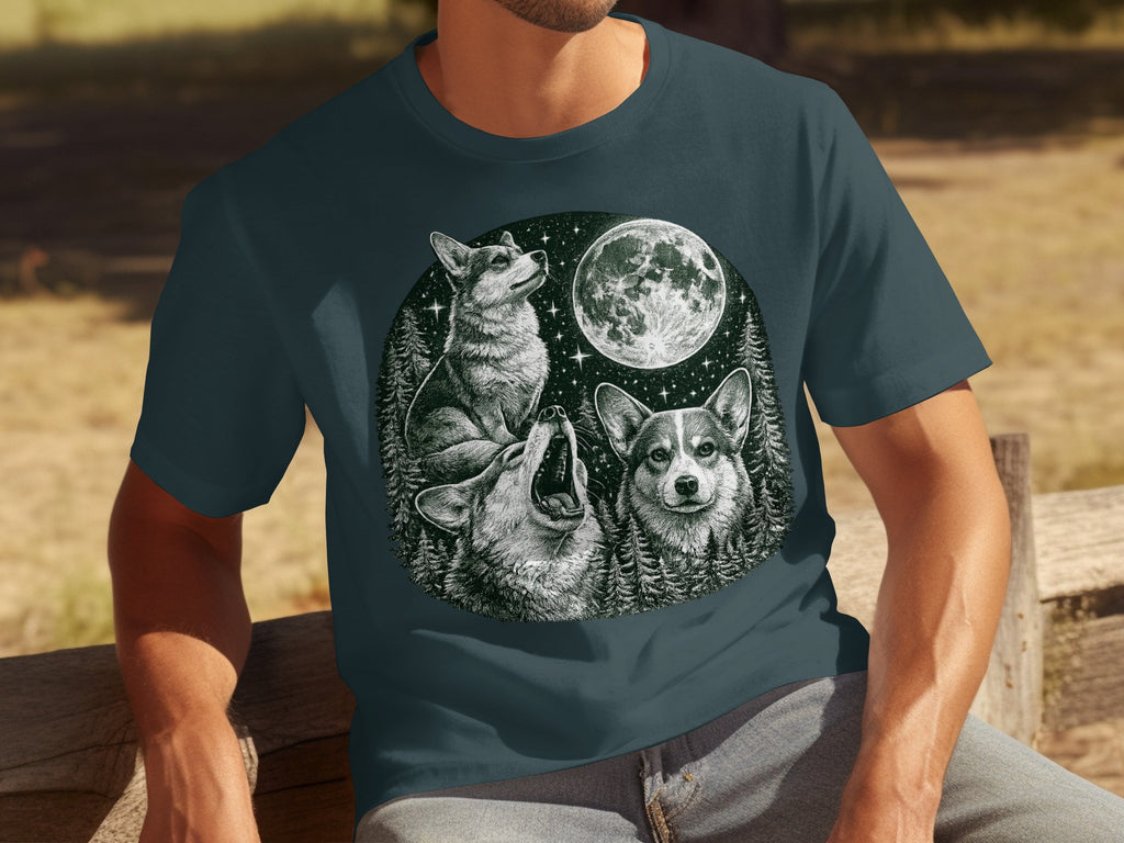 Three corgis howl at a full moon amidst a forest scene.