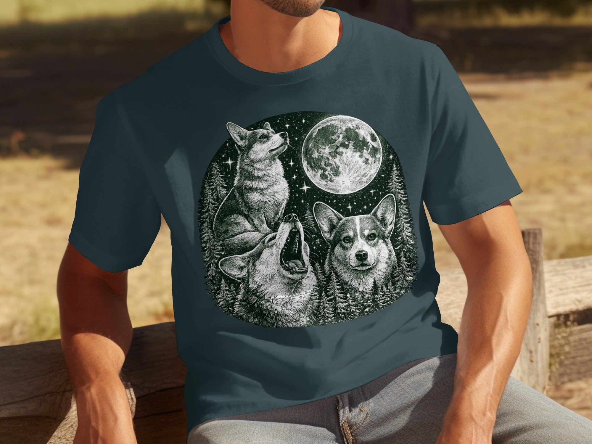 Three corgis howl at a full moon amidst a forest scene.
