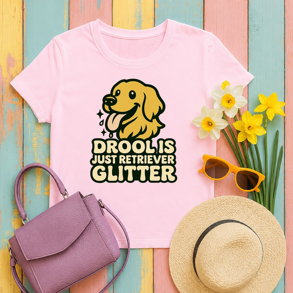 Drool Is Just Retriever Glitter T-Shirt in Light Pink