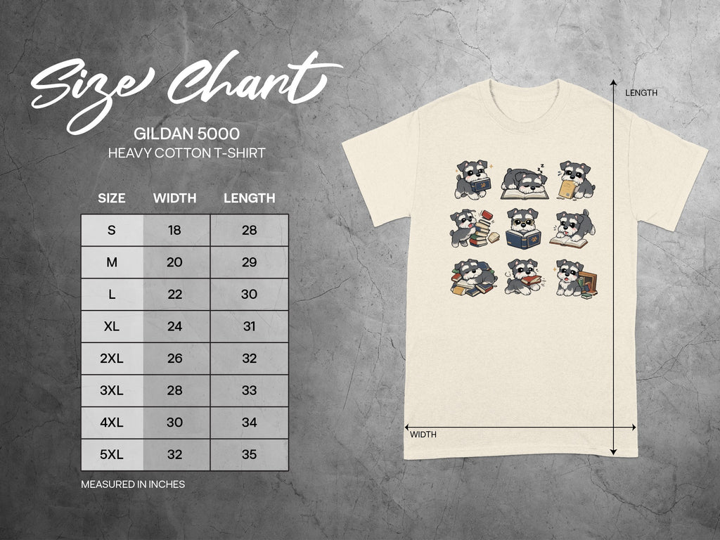 Size chart for Gildan 5000 heavy cotton t-shirt with illustrated dogs reading books.