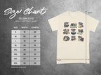 Size chart for Gildan 5000 heavy cotton t-shirt with illustrated dogs reading books.